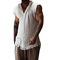 Mens Sleeveless Workout Tank Tops Retro Summer Cotton Linen Raw Edge Gym Fitness Bodybuilding Cut Off T Shirts Vests