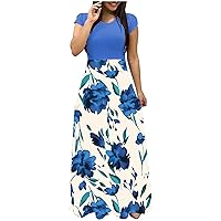 Women's Ombre Tie Dye Color Block Flowy Short Sleeve Long Floor Maxi Swing Round Neck Beach Foral Print Hawai Casual Summer