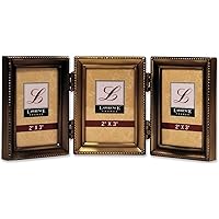 Lawrence 11423T Antique Gold Brass Hinged Triple 2x3 Picture Frame-Beaded Edge Design