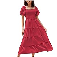 Womens Summer Dresses 2024 Casual Square Neck Puff Short Sleeve Smocked Flowy Ruffle A-line Tiered Midi Dress Beach Sundress
