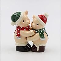 Fine Ceramic Christmas Hugging Pigs Piglets Salt and Pepper Shakers Set, 3-3/4