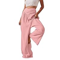 Women's Linen Baggy Slacks Low Crotch Wrap High Waisted Palazzo Workout Yoga Wide Leg Beach Pants Casual Lounge Pants