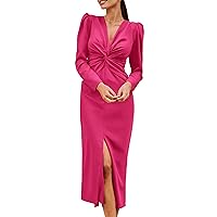 PRETTYGARDEN Women's Spring Fall Fashion Long Puff Sleeve Maxi Dresses V Neck Twist Front Formal Dress with Slit