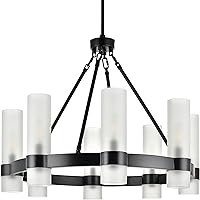 Linea di Liara Teramo Matte Black Chandelier Dining Room Light Fixture Small Wagon Wheel Chandelier Round Industrial Modern Farmhouse Chandeliers for Dining Room Foyer, Frosted Glass, UL Listed