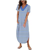 Dresses for Women Summer Trendy Striped Color Block Short Sleeve V Neck Split Maxi Dress Loose Casual Long Beach Tshirt Dress