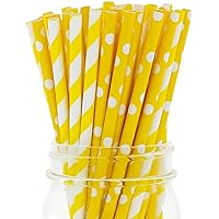 Yellow Straws - 50 Pack Of Lemonade Stand Supplies Or Lemonade Party Decorations - Yellow And White Straws