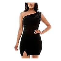 Womens Black Gathered Zippered Bow-Shoulder Detail Slit Hem Sleeveless Asymmetrical Neckline Short Party Body Con Dress XXS
