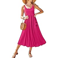 Newshows Summer Dresses for Women 2024 Spring Sun Dress Casual Beach Vacation Outfits Hawaiian Tropical Sleeveless Maxi Hot Pink Long Dresses with Pockets(Rose Red, Medium)