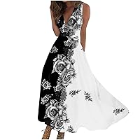 Womens Spring Maxi Dress 2024 Sexy Deep V Neck Sleeveless Trendy Floral Print Flowy Beach Dress