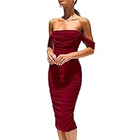 PRETTYGARDEN Womens Summer Off The Shoulder Ruched Bodycon Dresses Sleeveless Fitted Party Club Midi