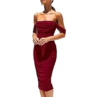 Pretty Garden Womens Summer Off The Shoulder Ruched Bodycon Dresses Sleeveless Fitted Party Club Midi