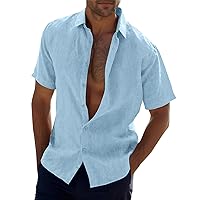 Mens Linen Shirt Short Sleeve Casual Slim Fit Button Down Shirt for Men Beach Summer Hawaiian Vacation Shirts Wedding Shirt