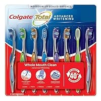Colgate Total Whole Mouth Health Advanced Whitening, Medium Floss Tip Bristles Wraparound Cheek and Tongue Cleaner Spiral Bristles - 8 Toothbrushes