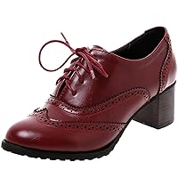 LUXMAX Womens Plaid Lace Up Wingtip Oxfords Brogues Shoes Stacked Block Heel Pumps