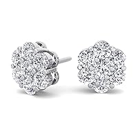 Elegant Large White Gold Plated 925 Sterling Silver Brilliant Trendy Ice Out Big Flower Cluster Round Hip Hop Iced 5A Cz Unisex Circle Stud Screw Back Earrings.