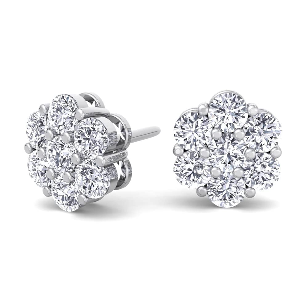 Large White Gold Sterling Silver Iced Cz Flower Cluster Hip Hop Stud Earrings