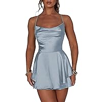 Women's Summer Satin Dress Sexy Backless Cowl Neck Tie Layer Mini Dress Spaghetti Strap Cocktail Party Dress