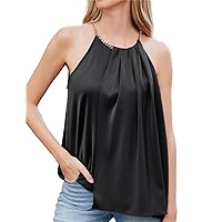 JASAMBAC Satin Halter Tops for Women Crew Neck Sleeveless High Low Ruffle Hem Loose Fit Solid Dressy Party Top Blouse Black