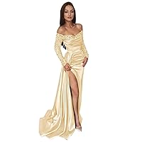 BONOYUER Long Sleeve Prom Dresses for Women Mermaid Off The Shoulder Satin Formal Evening Dress with Slit