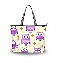 Purple Owls with Moon Star Shoulder Bag Top Handle Polyester Cloth Tote Handbags for Women