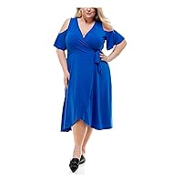 Womens Blue Cold Shoulder Tie Flutter Sleeve Surplice Neckline Midi Cocktail Fit + Flare Dress Plus 1X