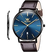 OLEVS Mens Watches Minimalist Ultra Thin Fashion Casual Analog Quartz Date Watch Waterproof Slim Simple Big Face Dress Wrist Watch with Retro Leather Band for Men
