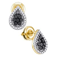 The Diamond Deal 10kt Yellow Gold Womens Round Black Color Enhanced Diamond Teardrop Cluster Stud Earrings 1/2 Cttw