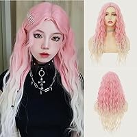Pink White Long Curly Wavy Wigs for Women Middle Part Wig Natural Synthetic Halloween Cosplay Costume Hair Wig