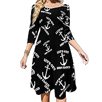 Let's Get Ship Faced Anchor Midi Dresses for Women Tie Flared A-Line Swing 3/4 Sleeves Cute Sundress