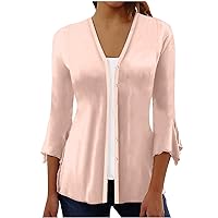 Plus Size Women 3/4 Bell Sleeve Button Down Flowy Shirts Summer Casual Loose Fit V Neck Dressy Solid Blouses Tops
