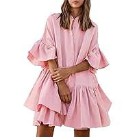 Summer Dresses for Women Women Tie Front Elastic Waist Tiered Ruffle Layer Floral Balloon Long Sleeve V Neck