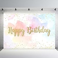 MEHOFOND 7x5ft Pastel Rainbow Happy Birthday Backdrop for Girls Princess Watercolor Background Colorful Cloud Gold Glitter Dots Cake Table Supplies Photo Booth Props