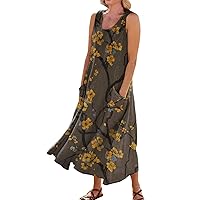 Spring Dresses for Women 2024 Printed Flowy Sun Dress with Pocket Sleeveless Casual Dress Trendy Vacation Dresses