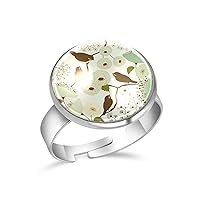 Retro Birds with Floral Print Adjustable Rings for Women Girls, Stainless Steel Open Finger Rings Jewelry Gifts