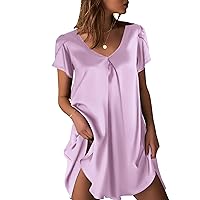 Ekouaer Women's Satin Nightgown Short Sleeve Sleepdress V-Neck Sleepwear Loose Silk Sleepshirt S-3XL