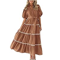 Selling! Women Tiered Lace Up Summer Dresses V Neck Button Ruffle Maxi Dress Casual Elegant Puff Sleeve Vacation Dress Boho Sundress Green Outfit Women