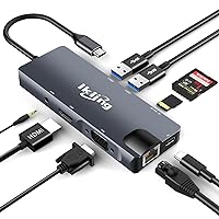 USB C Hub, 9-in-1 USB C Adapter with 4K USB C to HDMI, VGA, Gigabit Ethernet, 100W PD, 2 USB-A 5 Gbps, MicroSD/SD Card Reader, USB C Dock for Most Type-C Devices