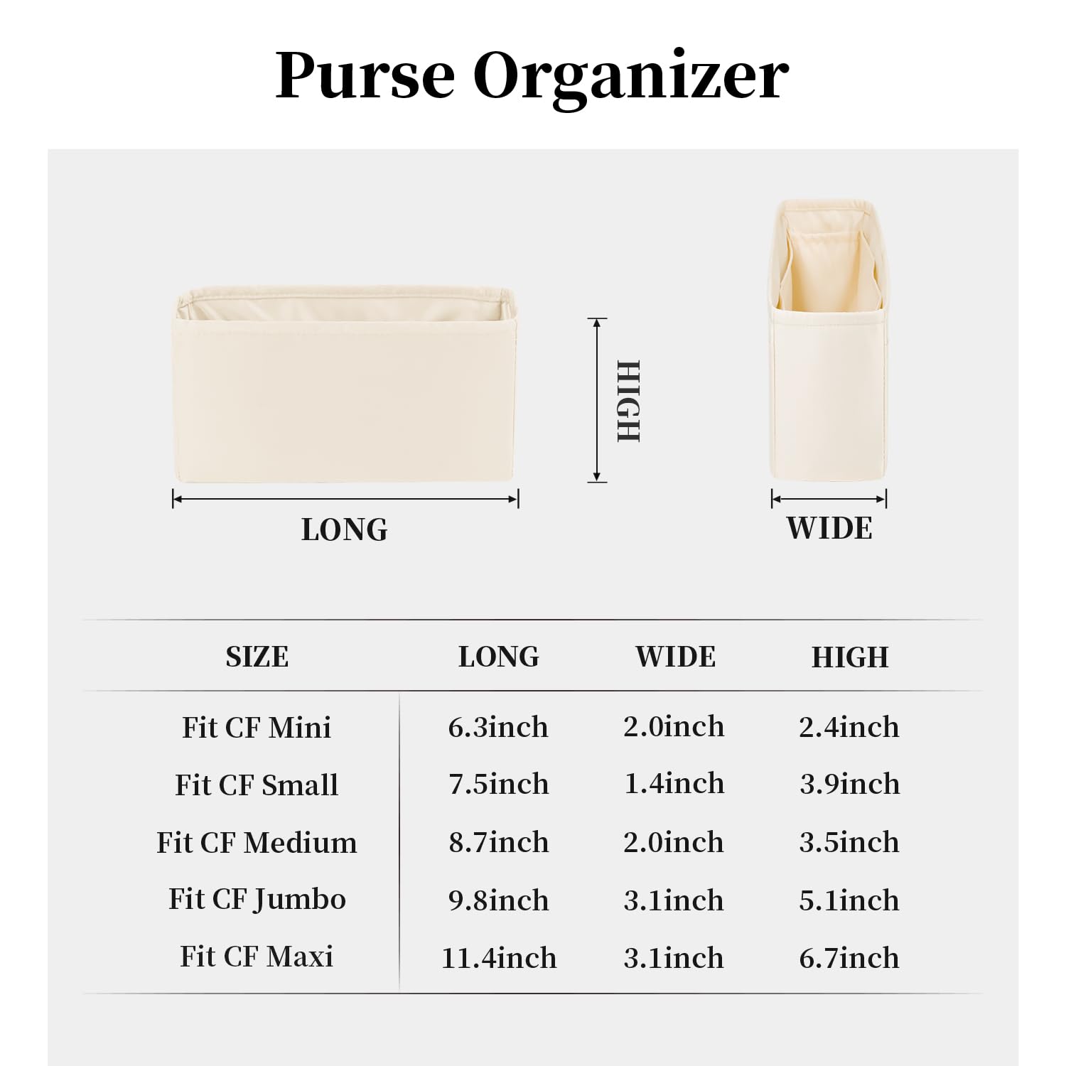 KINGS IN BAG Organizer for Purse Bags Tote Handbag Organizer with Silky Satin Fit for Chanel CF Mini/Small/Medium/Jumbo/Maxi Lightweight Shaper for Daily Use, 8 Pockets (Craie, Chanel CF Medium)