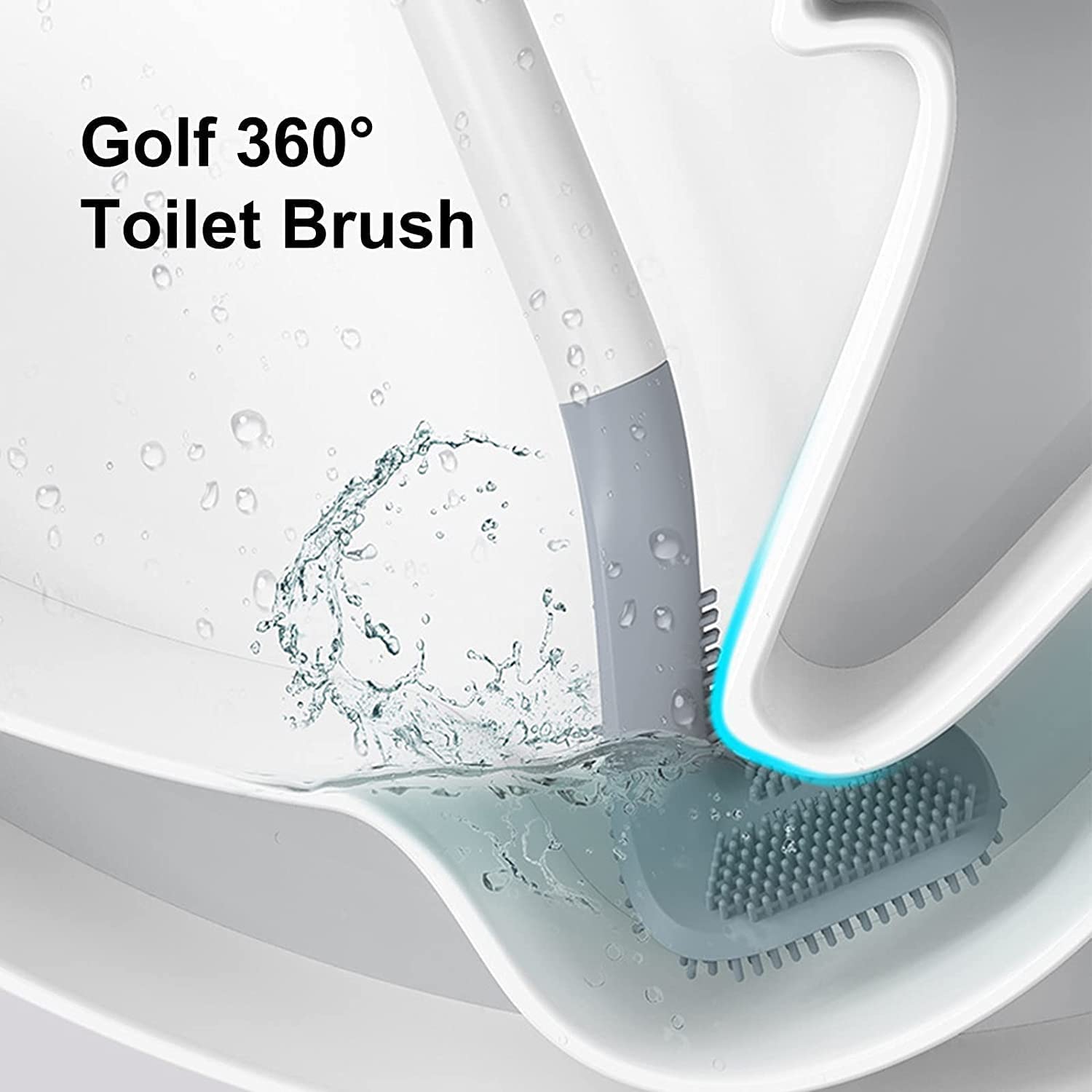 2PCS Lendsaid Long Handled Toilet Brush, Homezo Golf Toilet Brush, Self Cleaning Silicone Toilet Brush, 360° No Dead Corner Toilet Cleaner Brush with Holder (Blue+White Toilet Brush with Hook)