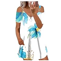 Womens Summer Dresses Casual, Deep V Neck Batwing Sleeve Sundress Princess Split Hem Flowy Pleated Mini Dresses