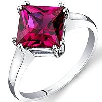 PEORA Created Ruby Solitaire Ring for Women 14K White Gold, 3.25 Carats Princess Cut 8mm, Size 7