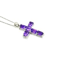 Natural Purple Amethyst 7X5 MM Octagon Gemstone Holy Cross Pendant Necklace 925 Sterling Silver February Birthstone Amethyst Jewelry Birthday Necklace Gift For Her (PD-8438)