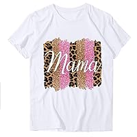 Women's Mama Letter T-Shirts Fashion Leopard Graphic Crewneck Blouse Summer Short Sleeve Mom Tops