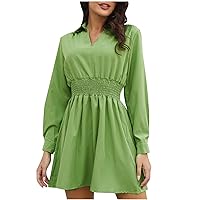2023 Women Smocked Stretch Waist-Defined Mini Dress Long Sleeve Lapel Summer Dressy Casual Solid A-Line Dresses