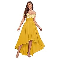 Off The Shoulder Mother of The Bride Dresses with Pockets High Low Chiffon Lace Applique Long Bridesmaid Dresses