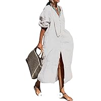 CHARTOU Women's Button Down Shirt Dress Cotton Long Sleeve Maxi Dress Casual Loose Linen Dress with Pockets