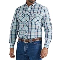 Wrangler Men's Logo Blue and Green Plaid Long Sleeve Button Down Shirt 112344431