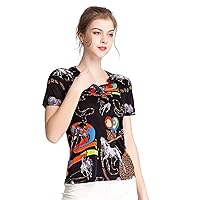 Ladies Short Sleeve T-Shirt Mulberry Silk Stand Collar Knitted Print Plus Size Women's Clothing