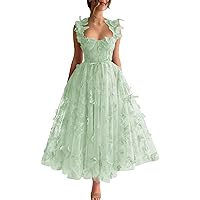Tulle Prom Dress 3D Butterfly Spaghetti Straps Applique Tea Length Formal Evening Gown