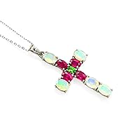 Natural Ruby & Opal Green Garnet Gemstone 925 Sterling Silver Holy Cross Pendant Necklace July Birthstone Multi Jewelry Proposal Necklace Wedding Gift (PD-8491)
